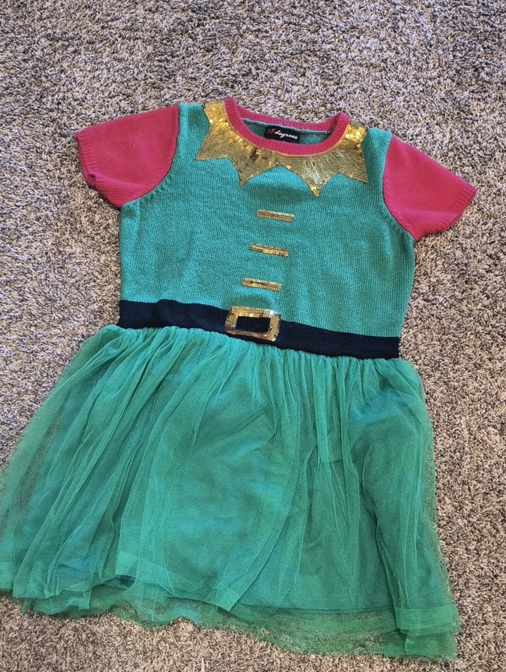Ugly Christmas Sweater Dress, Elf-Inspired, Gold Trim, Medium
